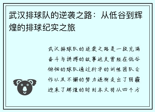 武汉排球队的逆袭之路：从低谷到辉煌的排球纪实之旅